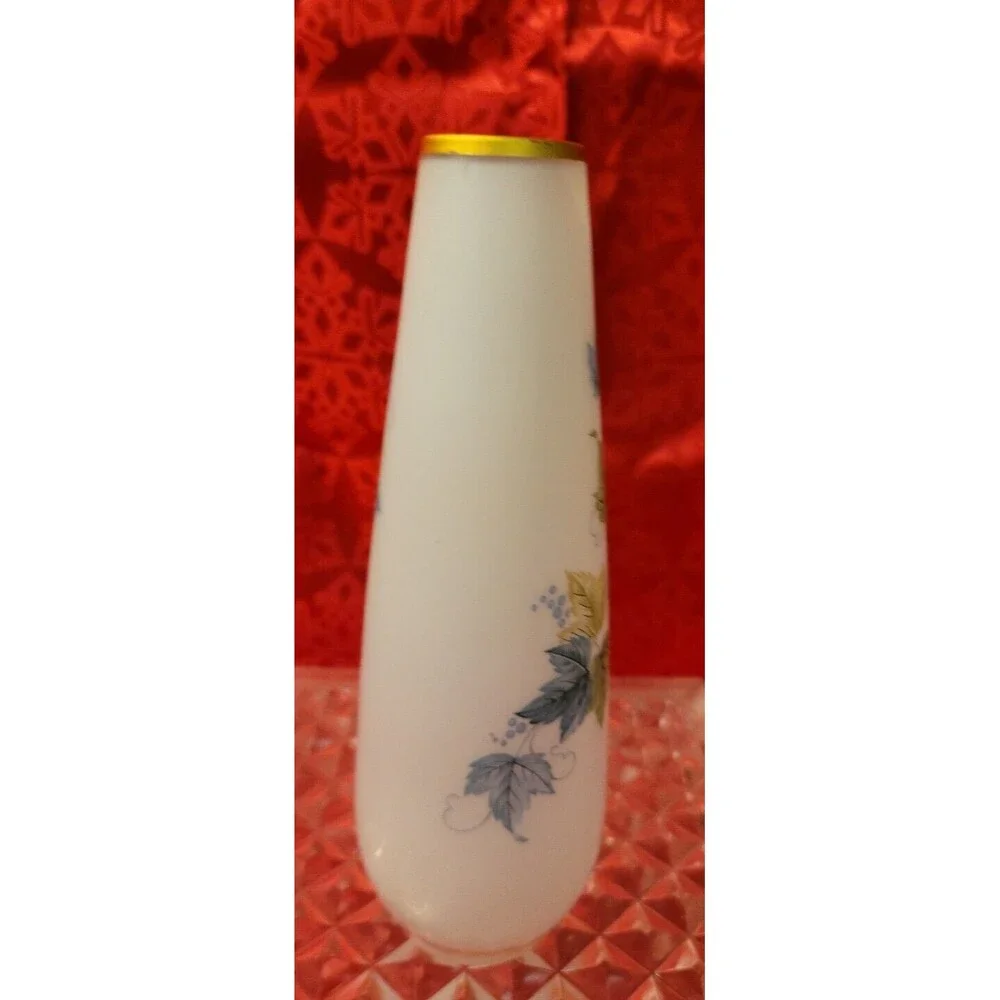 Vintage Fall Frosted Satin Glass Vase Blue Green Gold Leaves Trim Made in Japan